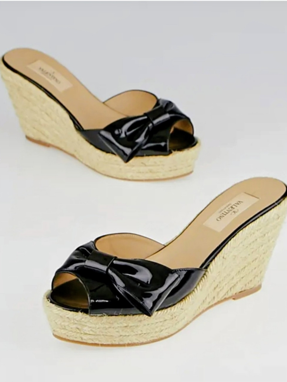 Valentino Black Patent Espadrille Knot Wedge Slides